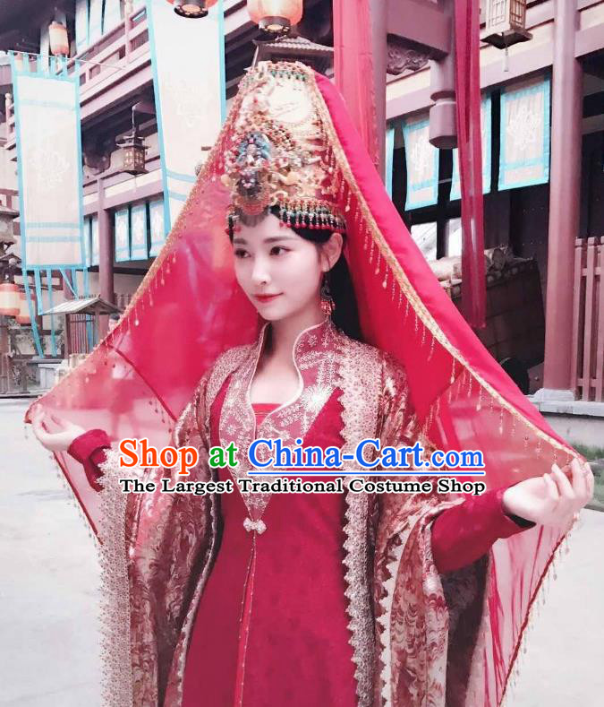 Chinese Ancient Bride Red Hanfu Dress Drama Legend of Yun Xi Costume and Headpiece for Women