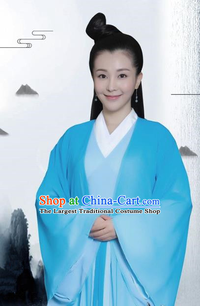 Drama Colourful Bone Chinese Ancient Empress Jia Hui Blue Dress Costume and Headpiece for Women