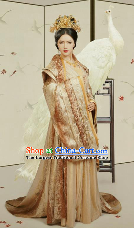 Chinese Ancient Court Queen Mother Fu Yuan Golden Historical Drama Princess Silver Costume and Headpiece for Women