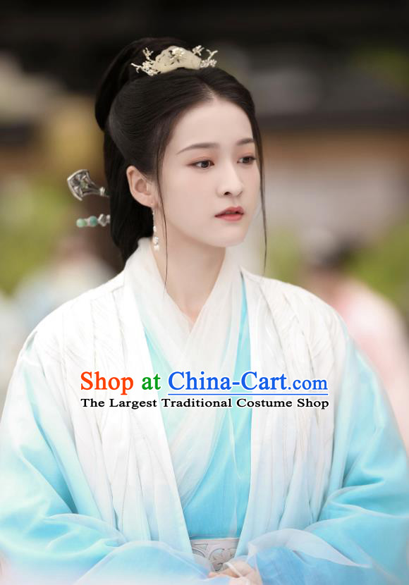 Chinese Ancient Princess Consort Rong Le Blue Dress Historical Drama Princess Silver Pink Costume and Headpiece for Women