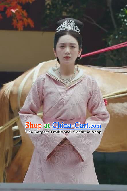 Chinese Ancient Royal Infanta Zhao Yun Pink Historical Drama Princess Silver Costume and Headpiece for Women