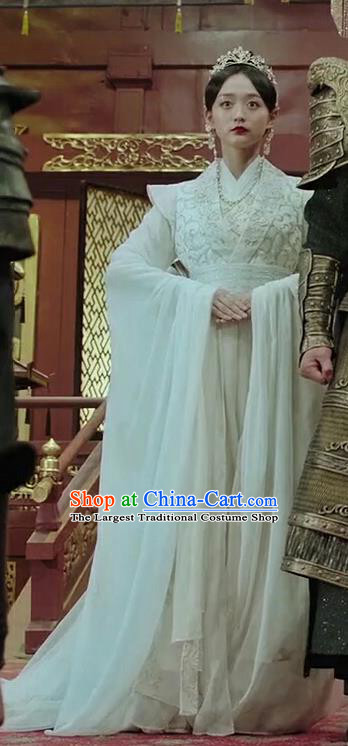 Chinese Ancient Royal Consort Ye Ningzhi White Hanfu Dress Historical Drama Legend of the Phoenix Costume and Headpiece for Women