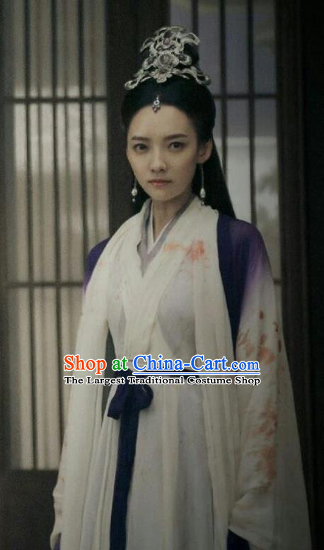 Chinese Ancient Demon Swordsman Chi Xiaotai Hanfu Dress Historical Drama Listening Snow Tower Costume and Headpiece for Women
