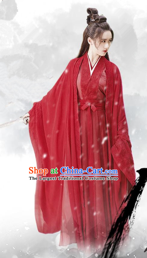 Chinese Ancient Female Swordsman Shu Jingrong Red Hanfu Dress Historical Drama Listening Snow Tower Costume and Headpiece for Women