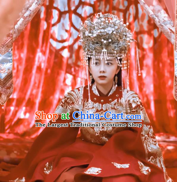 Chinese Ancient Ming Dynasty Bride Wedding Red Dress Drama Under the Power Yuan Jinxia Costume and Headpiece for Women