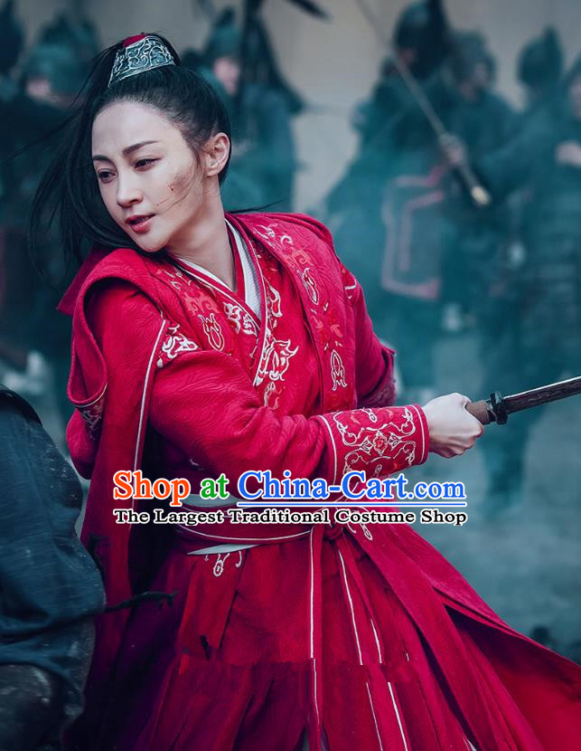 Chinese Ancient Female Swordsman Ye Zhen Red Dress Historical Drama Sword Dynasty Costume and Headpiece for Women
