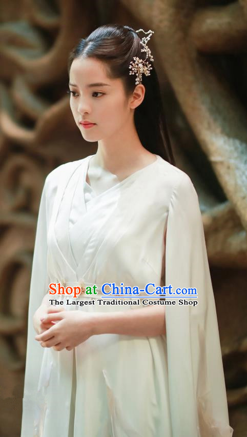 Chinese Ancient Goddess Swordsman Luo Li White Dress Historical Drama The Great Ruler Nana Ouyang Costume and Headpiece for Women