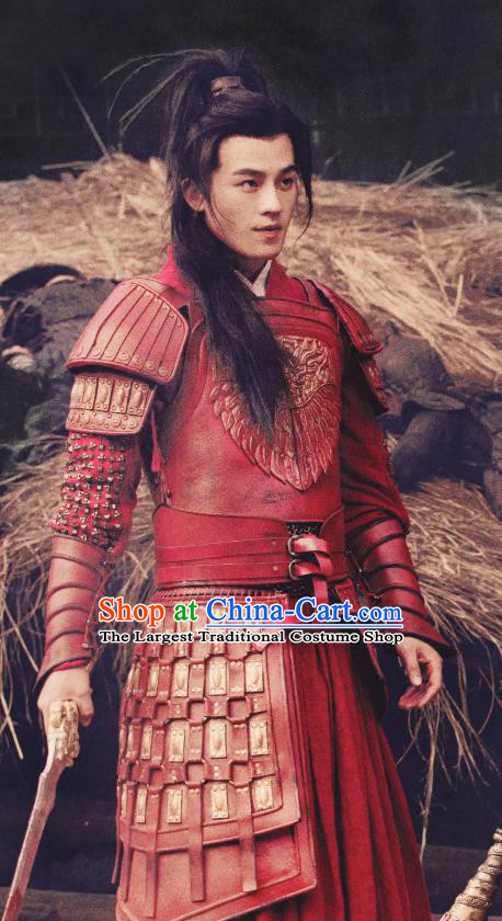 Drama Hero Dream Chinese Ancient Han Dynasty General Han Xin Red Armor Costume and Headpiece Complete Set