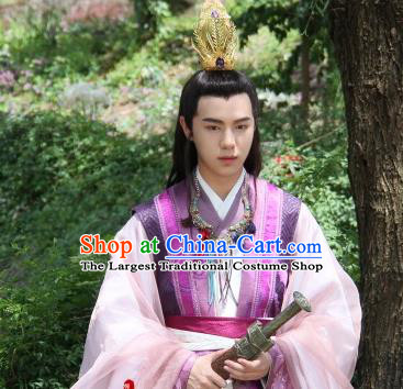 Drama Men with Sword Chinese Ancient Royal King Ling Guang Costume and Headpiece Complete Set