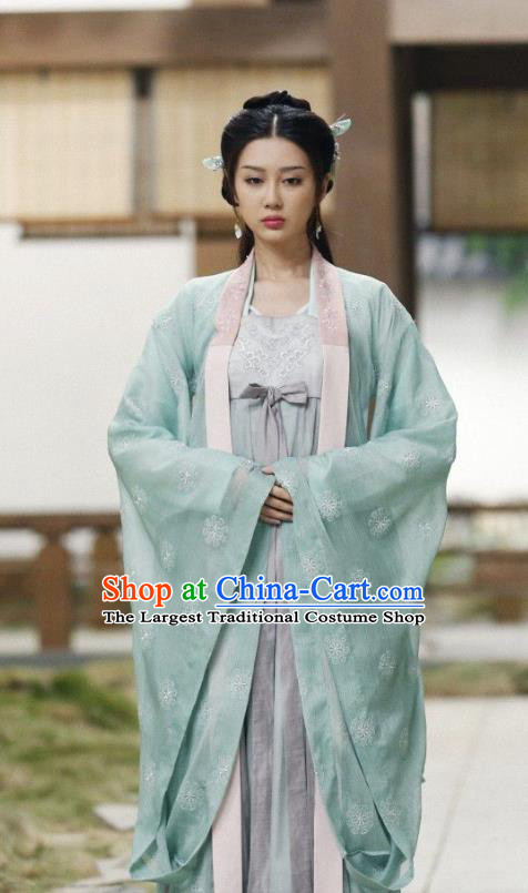 Chinese Ancient Talented Girl Historical Costumes and Hairpins Drama Tang Dynasty Tour Lu Xinyue Blue Hanfu Dress