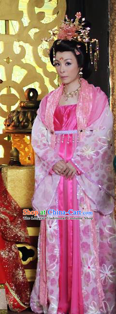 Chinese Ancient Costumes Historical Drama Love Amongst War Imperial Consort Pink Dress and Headdress Complete Set