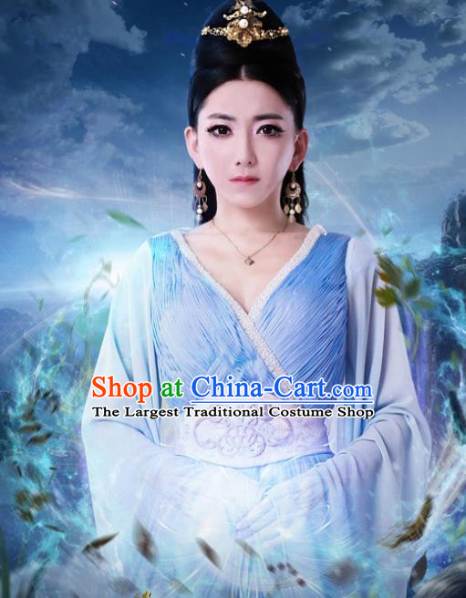 Chinese Ancient Princess Costumes Historical Drama Cover the Sky Sang Ruo Blue Dress and Hairpins