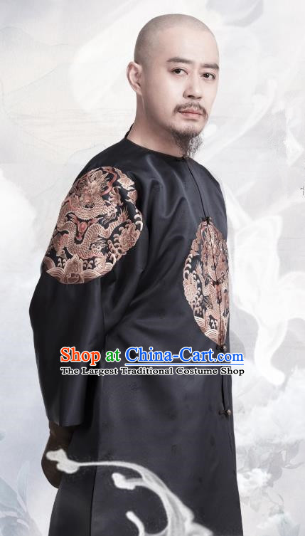 Chinese Ancient Manchu Apparels Emperor Kangxi Costumes Garment Drama Dreaming Back to the Qing Dynasty Aisin Gioro Xuan Ye Black Gown