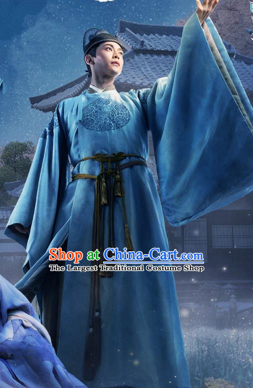 Chinese Ancient Prince Apparels Garment Blue Robe and Hat Drama To Get Her Tu Siyi Costumes