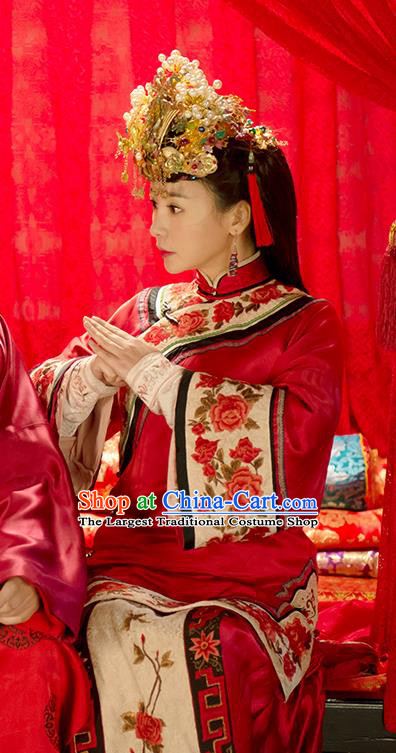 Chinese Ancient Qing Dynasty Wedding Garment Wuxia Drama Happy Mitan Apparels Red Dress and Phoenix Coronet Bride Costumes