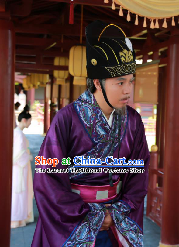 Chinese Ancient Minister Apparels Garment and Hat Wuxia Drama The King of Blaze Purple Official Costumes