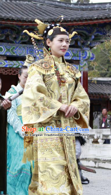 Chinese Ancient Female Castellan Golden Apparels and Headdress Drama Turbulence of the Mu Clan A Leqiu Wedding Costumes Garment