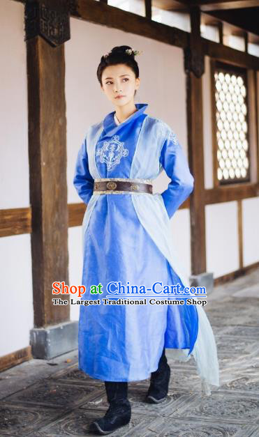 Chinese Wuxia Drama Ancient Swordswoman Blue Garment The King of Blaze Apparels Female Knight Pei Luoqing Beige Costumes and Hair Accessories