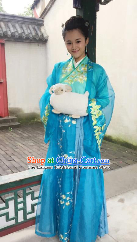 Chinese Ancient Garment Ming Dynasty Blue Dress Costumes and Headpieces Drama Legend of the Concubinage Noble Lady Song Qing Apparels