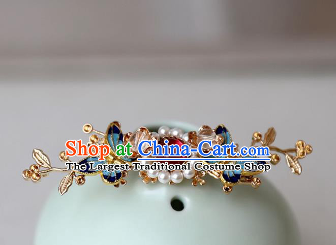 Chinese Ancient Hanfu Cloisonne Butterfly Hair Clip Women Headwear Hairpin Hair Accessories Pearls Hair Crown
