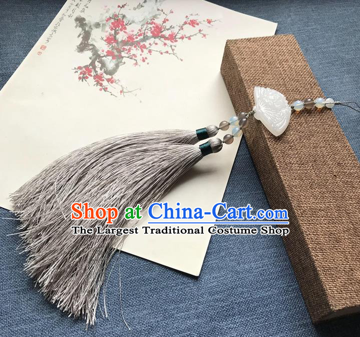 Chinese Ancient Hanfu Carving Fan Jade Grey Tassel Pendant Waist Accessories Jade Lappet Jewelry