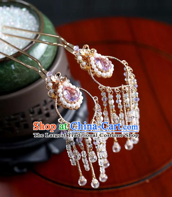 Chinese Ancient Purple Crystal Hair Clips Headwear Women Hair Accessories Ming Dynasty Beads Tassel Hairpin