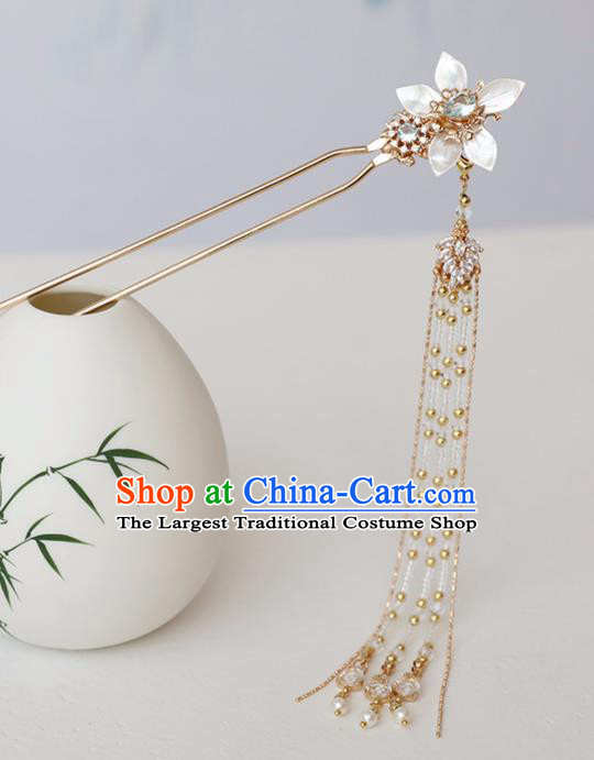 Chinese Ancient Hanfu Blue Crystal Shell Hairpin Headwear Women Hair Accessories Golden Beads Tassel Hair Clip