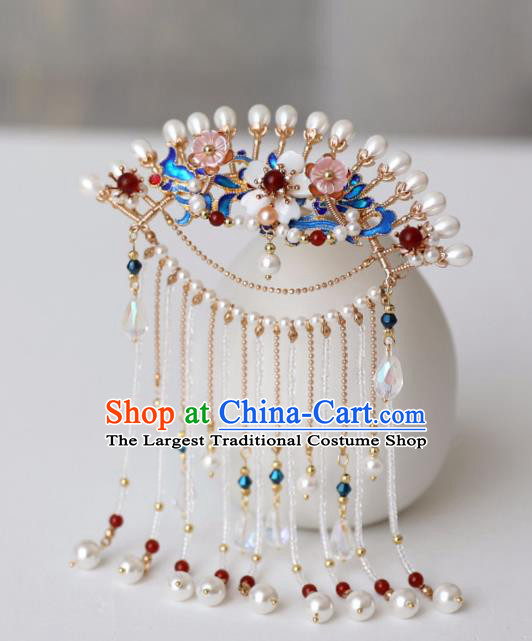 Chinese Ancient Pearls Tassel Hairpin Headwear Women Hair Accessories Ming Dynasty Court Cloisonne Hair Clip