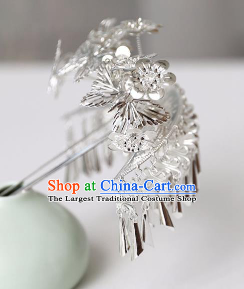 Chinese Ancient Hanfu Argent Plum Butterfly Tassel Hair Clip Hairpin Women Hair Accessories Headwear