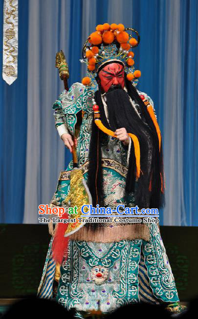 Chinese Peking Opera General Apparel Costumes The Huarong Path Minister Guan Yu Garment Kao Armor Suit and Helmet
