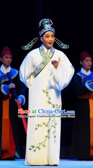 Chinese Peking Opera Xiaosheng White Robe Garment Double Pearl Phoenix Scholar Young Male Wen Bizheng Apparel Costumes and Hat