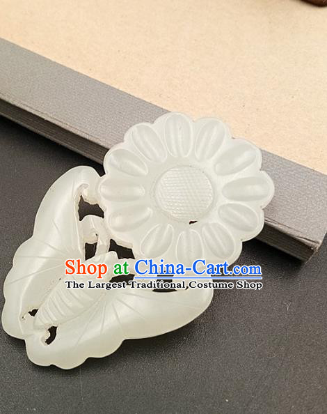 Chinese Handmade White Jade Necklet Accessories Handgrip Craft Handmade Jade Jewelry Jade Carving Butterfly Flower Waist Pendant
