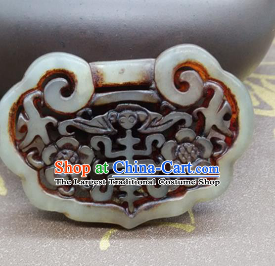 Chinese Handmade Carving Longevity Lock Jade Label Belt Accessories Handgrip Craft Handmade Jade Waist Pendant