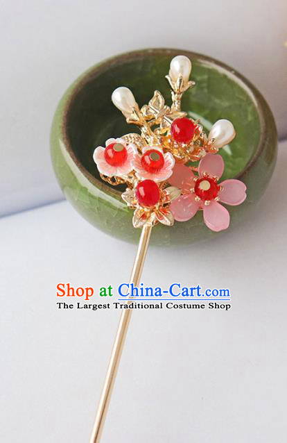 Chinese Ancient Pink Plum Hair Clip Hanfu Hair Accessories Ming Dynasty Women Headwear Hairpin