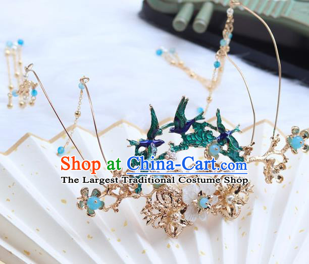 Chinese Ancient Hanfu Blueing Birds Hair Crown Hair Accessories Women Headwear Tassel Hairpin