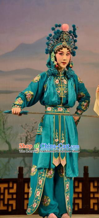 Traditional Chinese Henan Opera Martial Female Legend of the White Snake Costumes Peking Opera Apparel Wudan Green Garment and Headwear