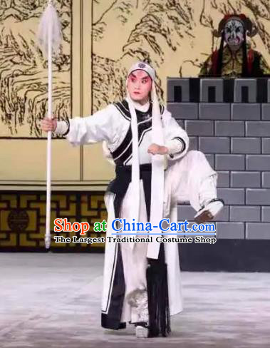 Chinese Kun Opera Martial Male White Costumes Garment Peking Opera Yandang Mountain Longtao Wusheng Apparels and Headwear