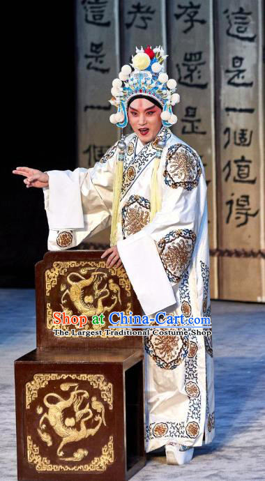 Chinese Peking Opera Young Men White Robe Costumes The Revenge of Prince Zi Dan Niche Garment Apparels and Hat