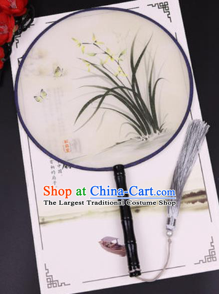 Chinese Traditional Printing Orchid Round Fans Handmade Classical Dance Ebony Palace Fan for Women