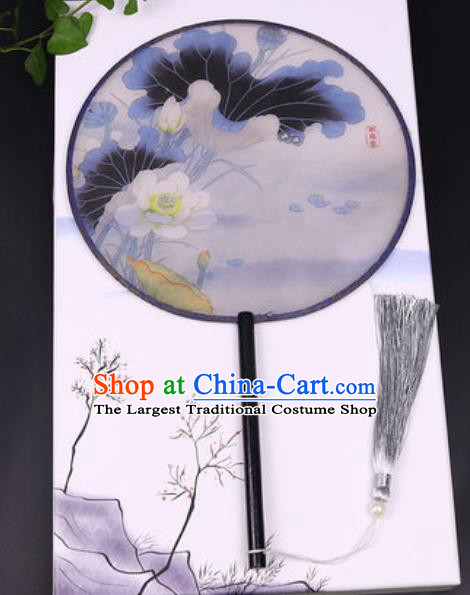Chinese Traditional Printing Lotus Round Fans Handmade Classical Dance Ebony Palace Fan for Women