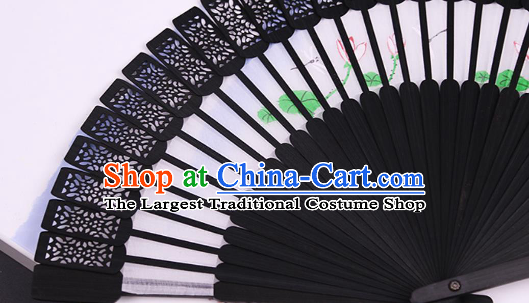 Chinese Traditional Painting Lotus Black Bamboo Fans Handmade Accordion Classical Dance Folding Fan