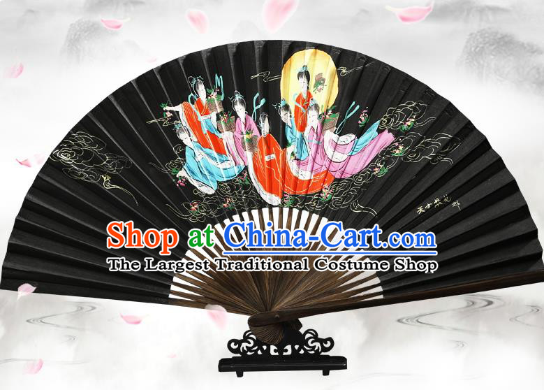 Chinese Traditional Painting Goddess Black Bamboo Fans Handmade Accordion Classical Dance Paper Fan Folding Fan