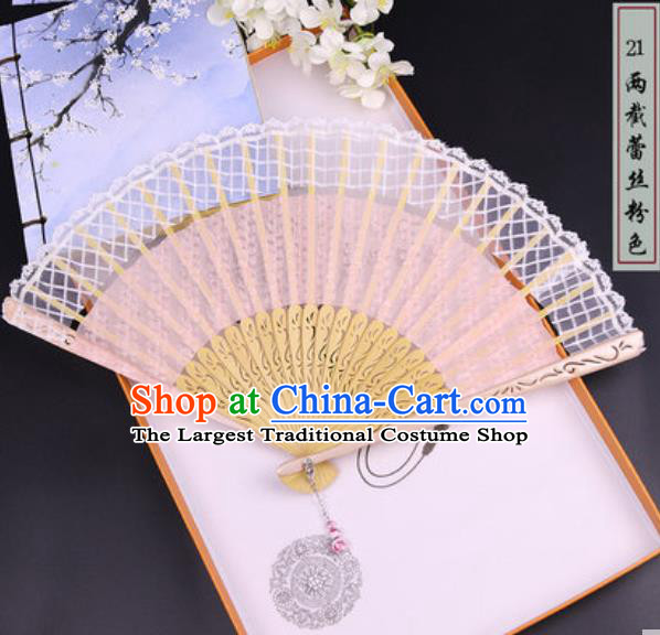 Chinese Traditional White and Pink Bamboo Fans Handmade Accordion Classical Dance Folding Fan