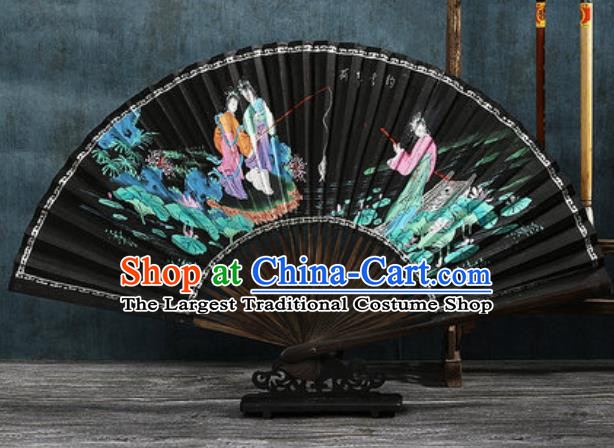 Chinese Traditional Painting Lotus Pond Black Bamboo Fans Handmade Accordion Classical Dance Paper Fan Folding Fan