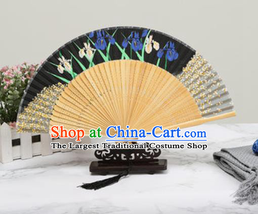 Chinese Traditional Printing Orchids Black Silk Fan Classical Dance Accordion Fans Folding Fan