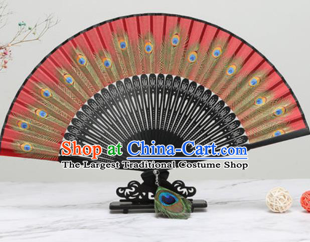 Chinese Traditional Printing Peacock Feather Red Silk Fan Classical Dance Accordion Fans Folding Fan