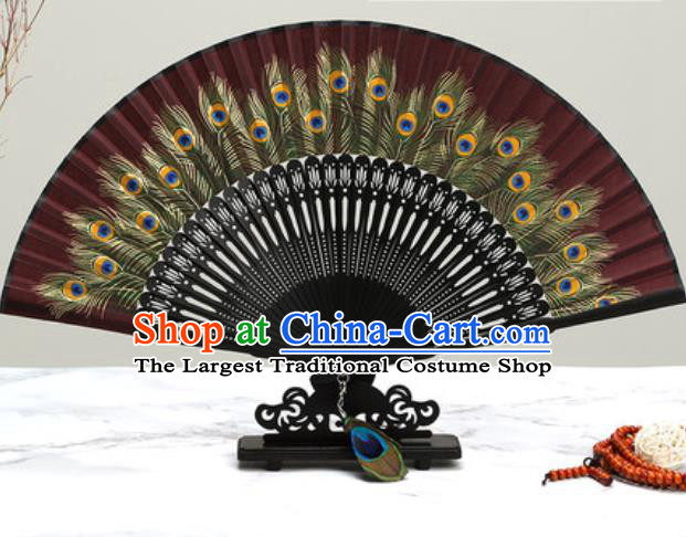 Chinese Traditional Printing Peacock Feather Dark Red Silk Fan Classical Dance Accordion Fans Folding Fan