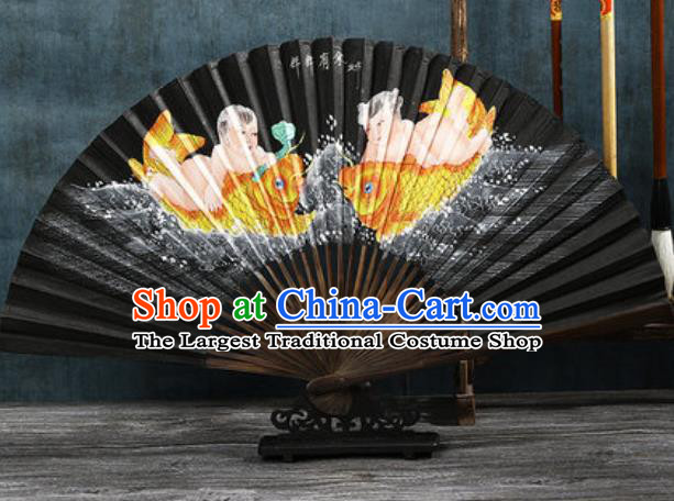 Chinese Traditional Painting Fish Black Bamboo Fans Handmade Accordion Classical Dance Paper Fan Folding Fan