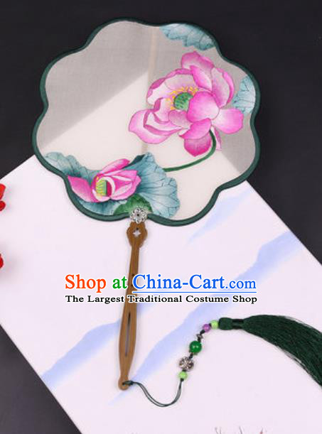Handmade Chinese Embroidered Lotus Flower Silk Fans Traditional Classical Dance Palace Fan for Women