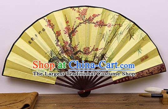 Handmade Chinese Painting Plum Bamboo Yellow Fan Traditional Classical Dance Accordion Fans Folding Fan